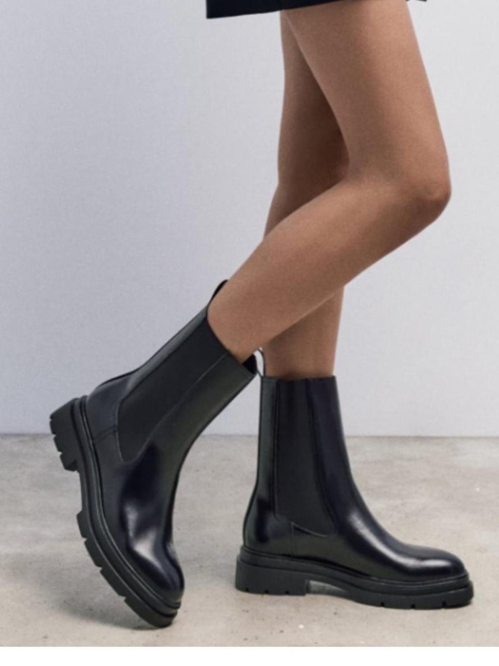 Zara Black Leather Lug Sole Chelsea Boots Chunky Platform Minimalist Chic